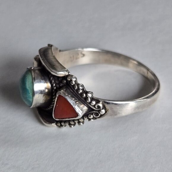 Mens Turquoise Coral 925 Sterling Ring Vintage Tibetan Boho Statement Sz 10.5 - Picture 7 of 12